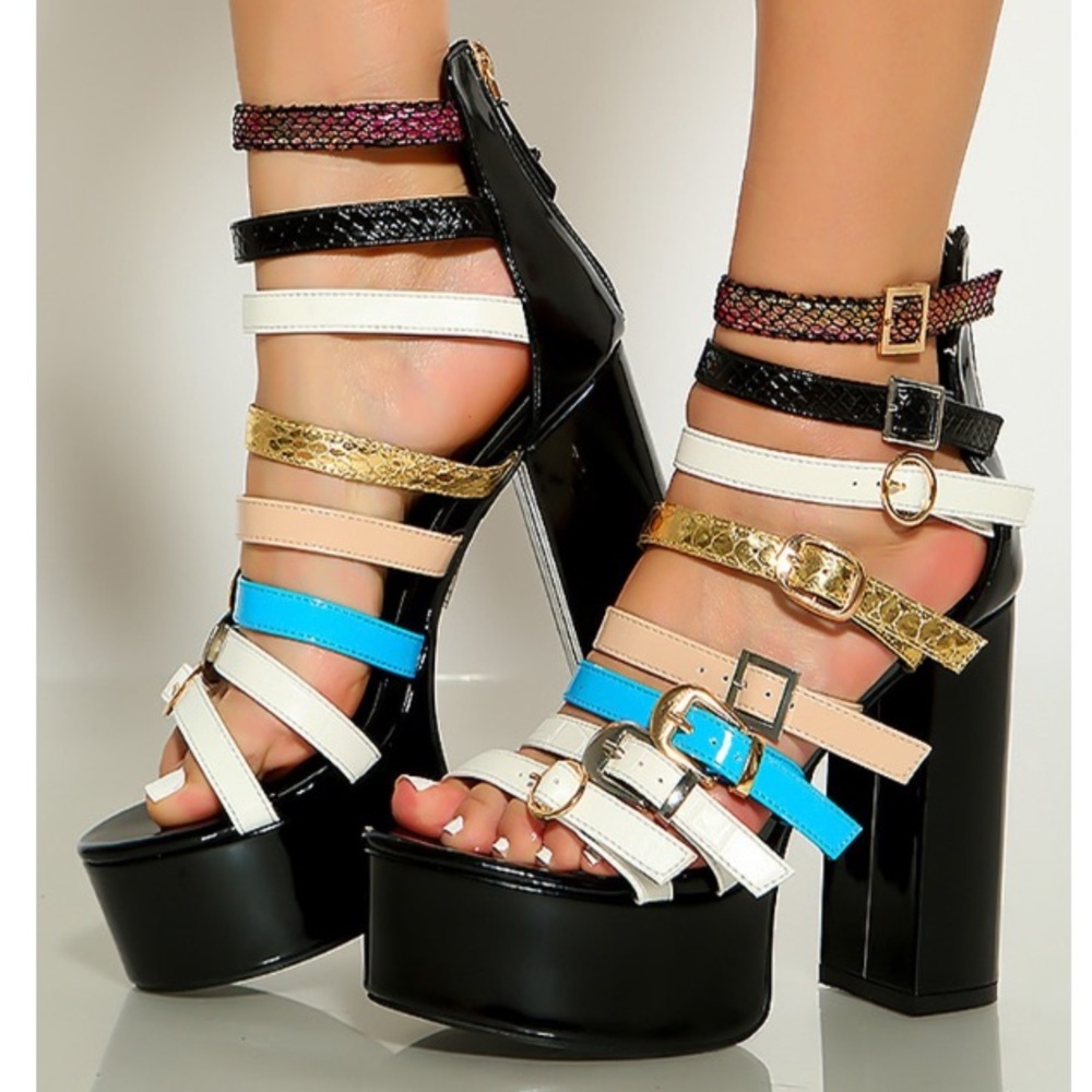Cape Robbin Black Two Tone Strappy Platform Chunky High Heels